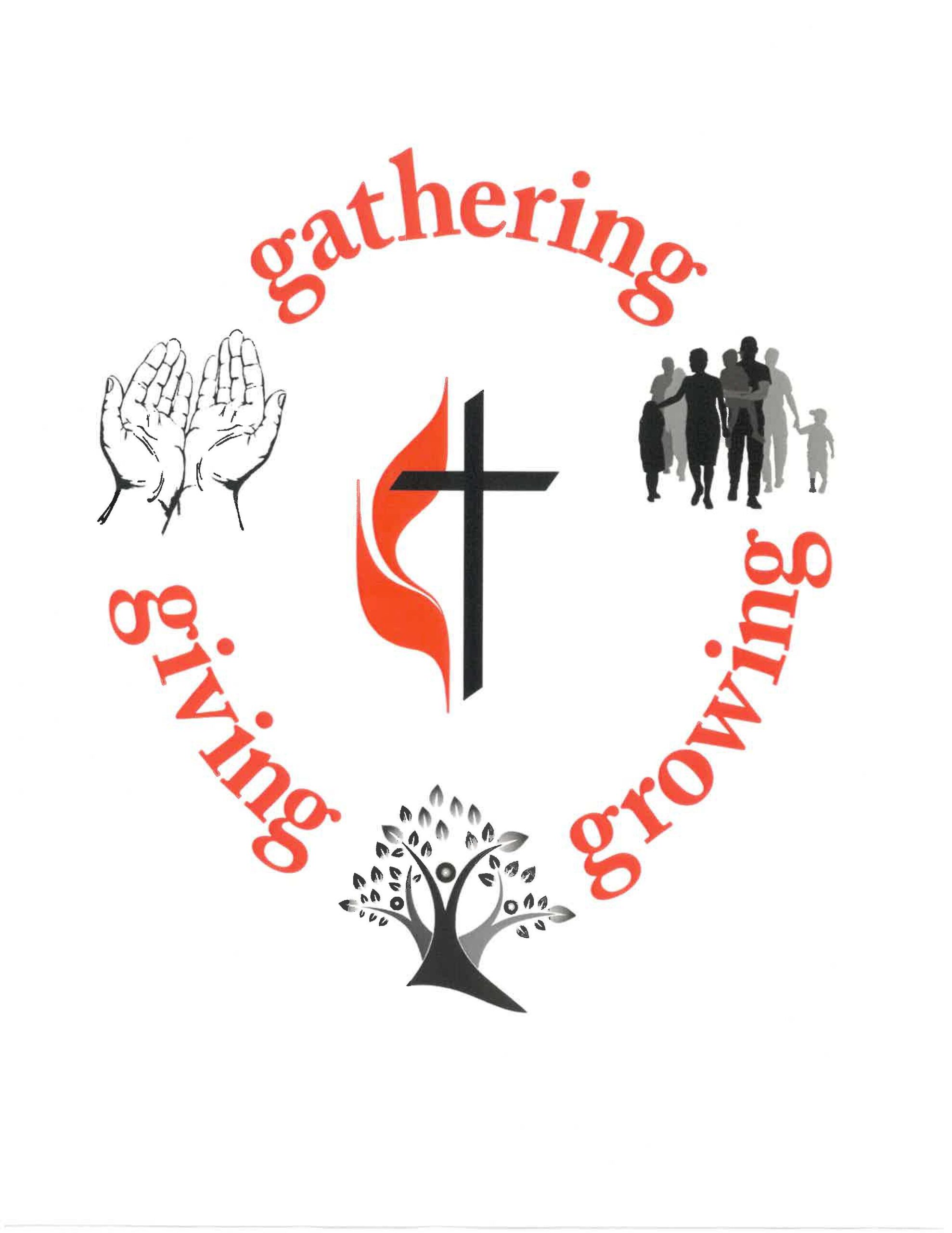 United Methodist Church symbol with gathering, giving, and growing icons