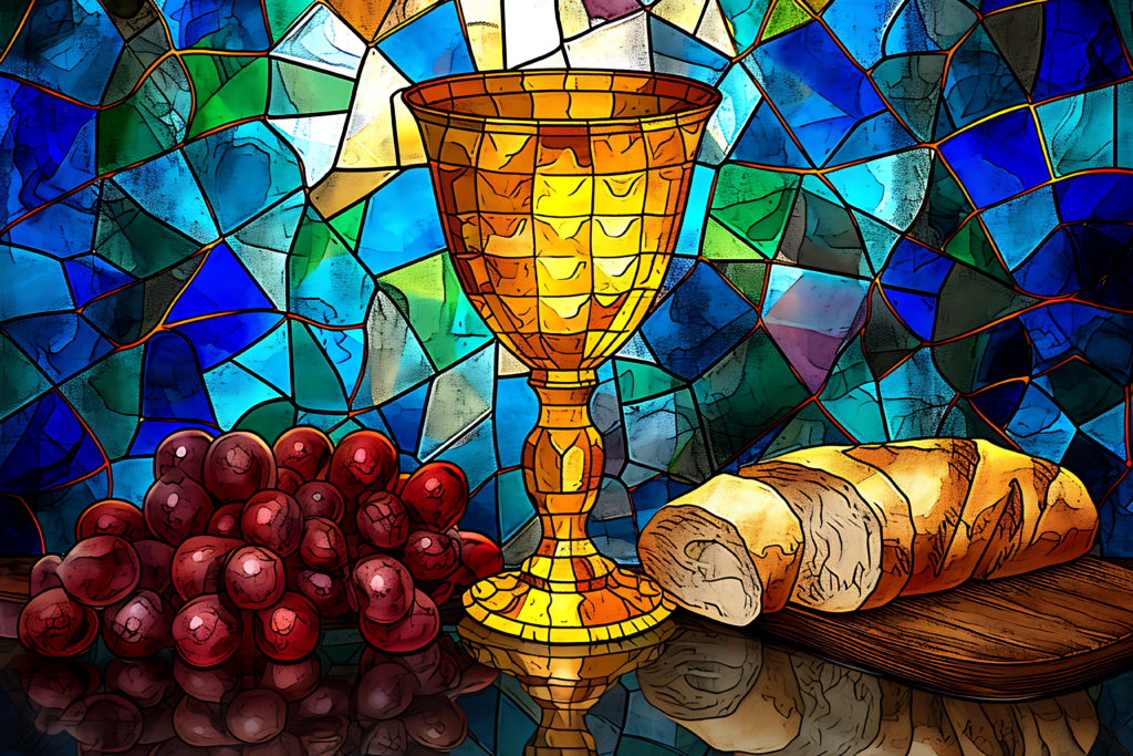 Communion chalice with grapes and bread