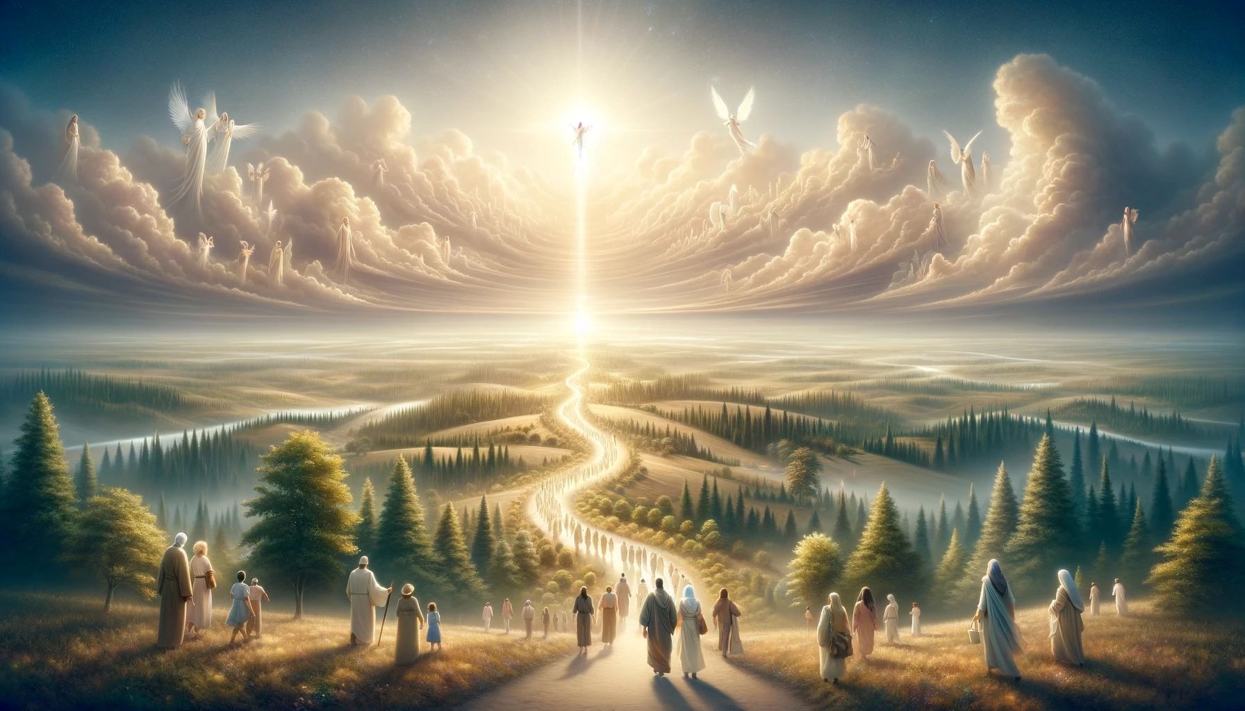 A luminous pathway leads through a serene landscape toward radiant clouds and ethereal figures, symbolizing hope and spiritual enlightenment.